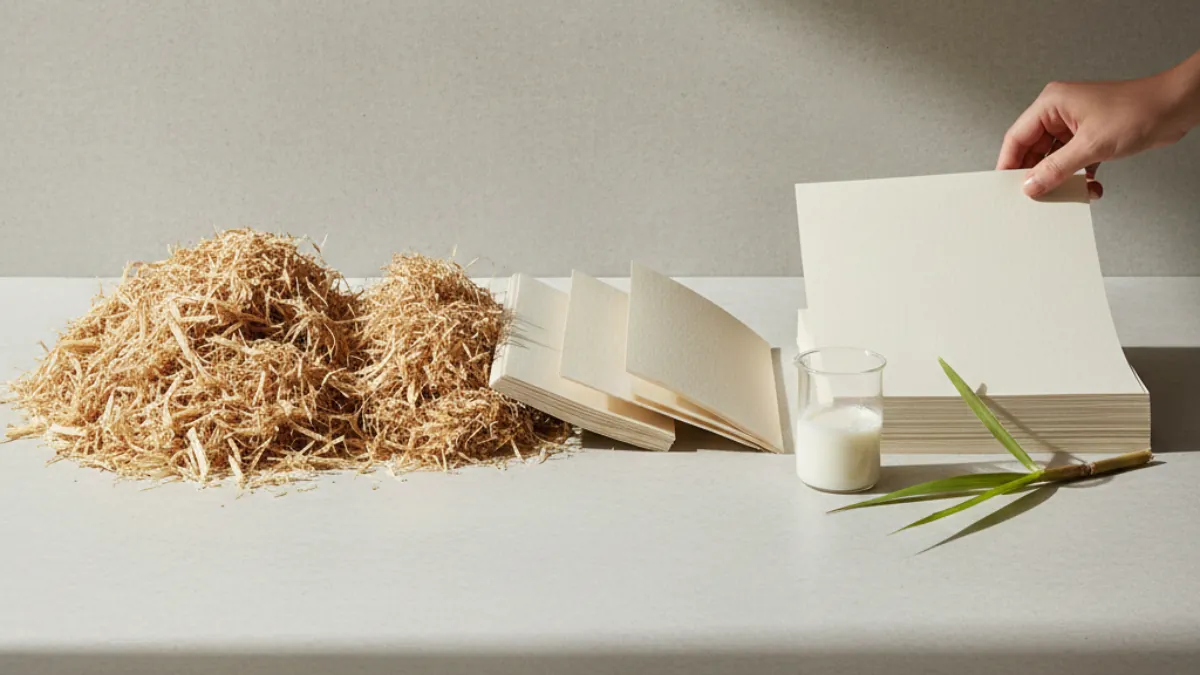 Bagasse-based, chemical-free stationery with sugarcane pulp and unbleached paper on a clean white background.