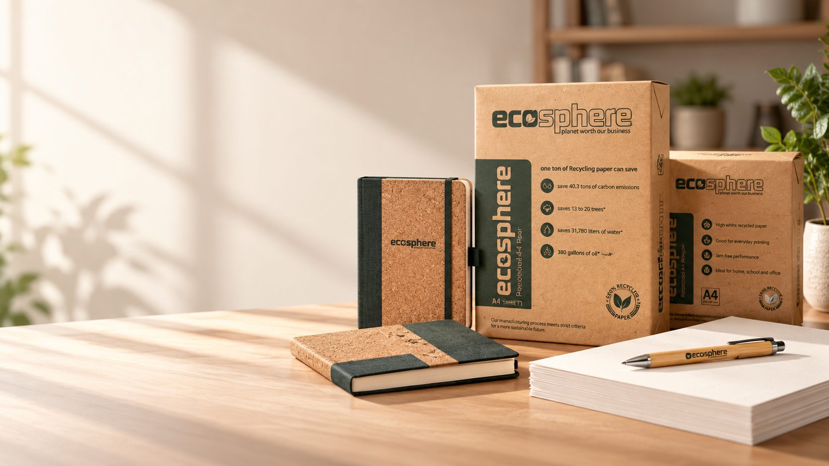 Ecosphere recycled A4 copier paper, cork notebooks and a bamboo pen on a desk